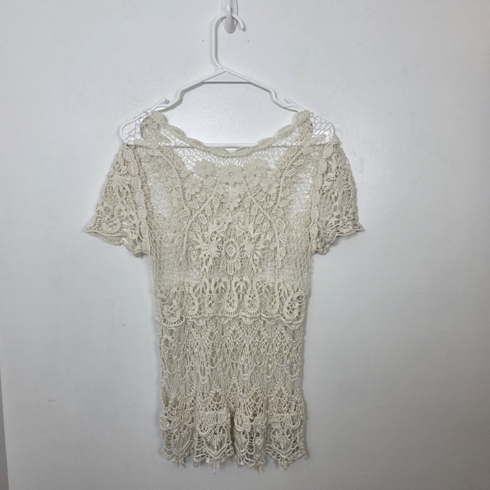 Cream Floral Crochet Beachy Coastal Festival Summer Casual Bohemian Shirt Sz S - Picture 2 of 6